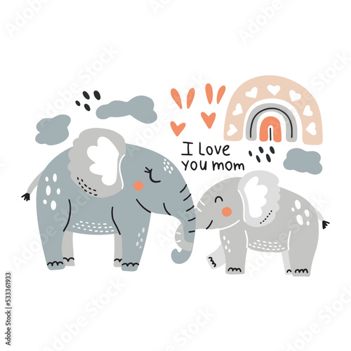 Cute elephant hugs mother elephant. Mother s love for the child. Kind children s illustration for mother s day. Mother s day card