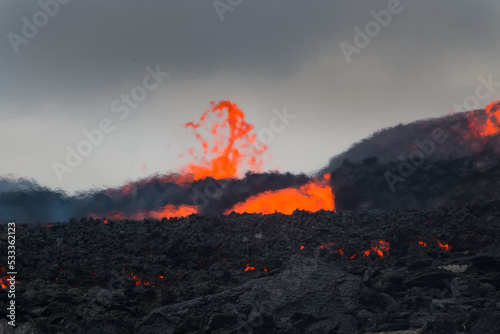 Fagradalsfjall Volcano Iceland, Eruption 2022 Close-Up, Active Crater with Lava Eruptions