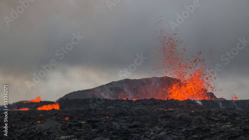 Fagradalsfjall Volcano Iceland, Eruption 2022 Close-Up, Active Crater with Lava Eruptions