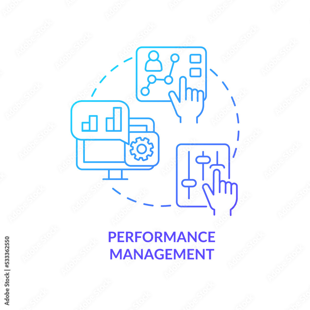 Performance management blue gradient concept icon. Evaluate employees work. Improving productivity abstract idea thin line illustration. Isolated outline drawing. Myriad Pro-Bold font used Performance management blue gradient concept icon. Evaluate employees work. Improving productivity abstract idea thin line illustration. Isolated outline drawing. Myriad Pro-Bold font used