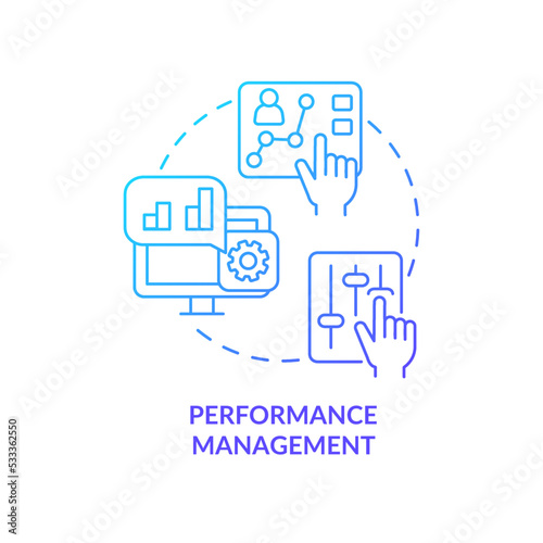 Performance management blue gradient concept icon. Evaluate employees work. Improving productivity abstract idea thin line illustration. Isolated outline drawing. Myriad Pro-Bold font used