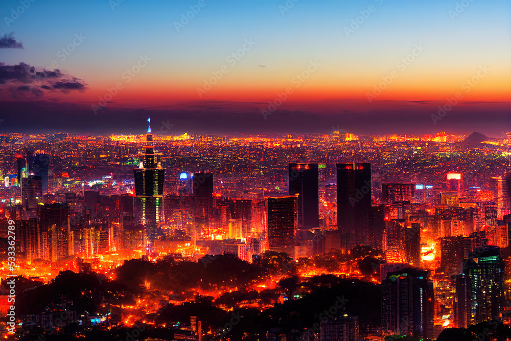 Conceptual Ai Generated Image (not actual) - anime, Taiwan city skyline at twilight The beautiful sunset of Taipei, Taiwan city business skyline and skyscraper