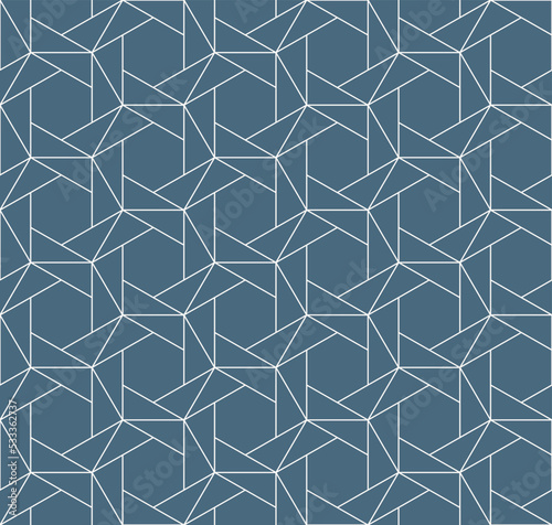 Vector abstract geometric seamless pattern. Fine line texture with hexagons, triangles, grid, lattice. Blue colored delicate ornament. Simple minimal background. Repeat geo design for decor, print