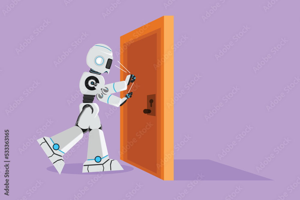 Graphic flat design drawing of robot knocking at door. Cyborg standing at entrance of factory knocking door. Future technology development. Artificial intelligence. Cartoon style vector illustration Graphic flat design drawing of robot knocking at door. Cyborg standing at entrance of factory knocking door. Future technology development. Artificial intelligence. Cartoon style vector illustration