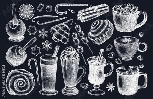 Hot drinks menu design. Mulled wine, coffee, hot chocolate, cocoa, spices, sweet food and baking goods vector sketches. Christmas food illustrations. Winter drinks in sketched style on chalkboard