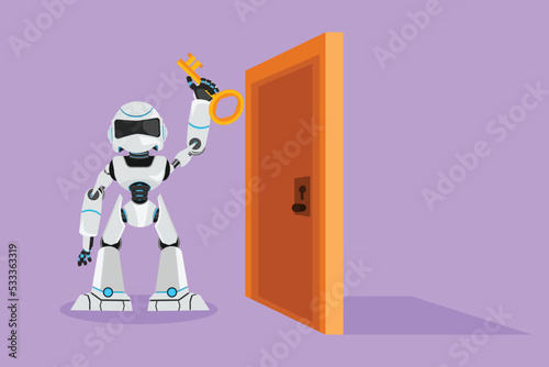 Graphic flat design drawing robot lifting key in front of door. Cyborg holding key to open factory room door. Future technology development. Artificial intelligence. Cartoon style vector illustration