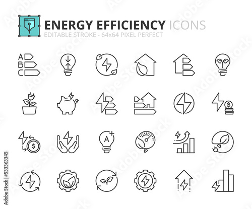 Simple set of outline icons about  energy efficiency and saving. Sustainable development.