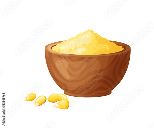 Corn flour in wooden bowl with seeds. Healthy gluten free food. Powde in organic product. Vector illustration isolated on white background