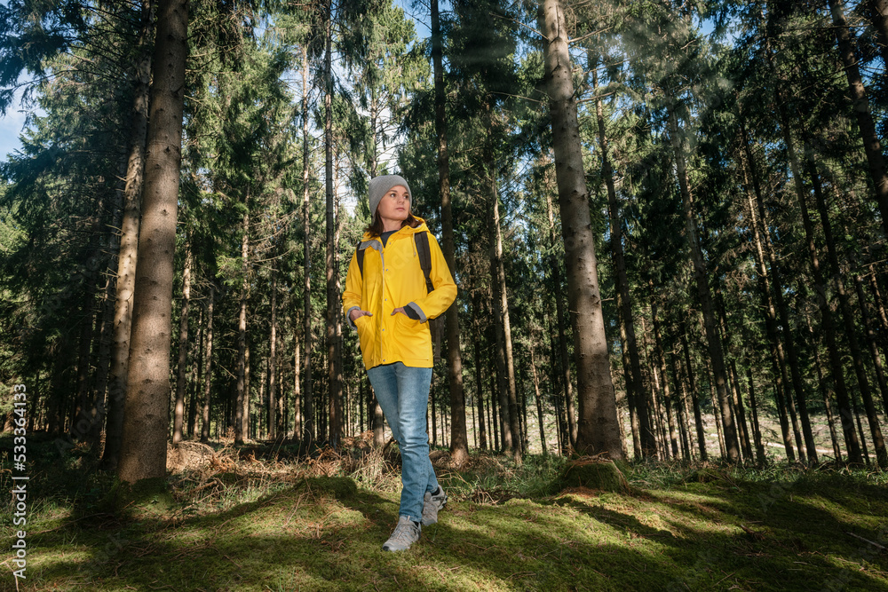 Woman backpacker walking through woodland.