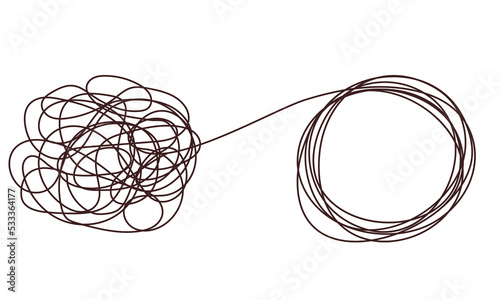 Tangle chaos, psychoterapy concept. Business design in one line, order theory. Doodle graphic spiral solution. Vector object isolated on white background