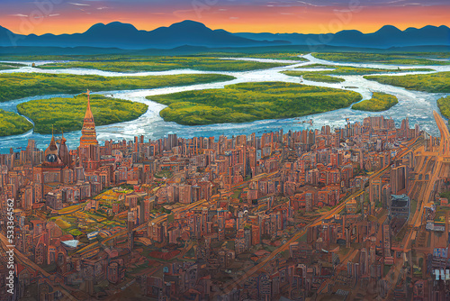 cartoon style, Aerial view of the center city of Yoshkar Ola with architectural masterpieces and the Malaya Kokshaga River the capital of the Republic of Mari El Russia , style U1 1 photo