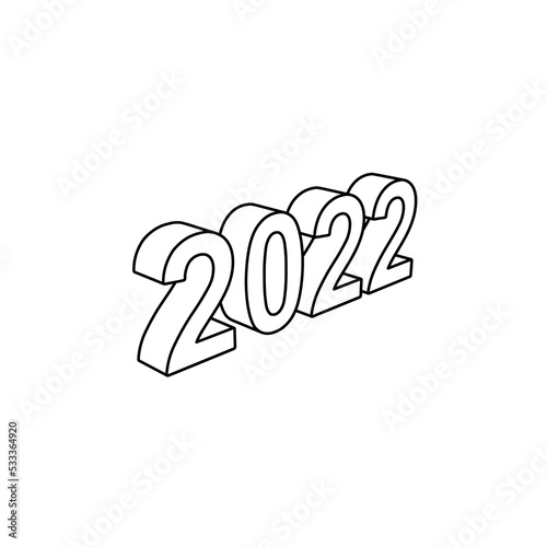 The outline of a large 2022 year symbol is made with black lines. 3D view of the object in perspective. Vector illustration on white background