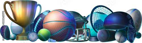 3D illustration with different types of sporting equipment used in the sports of basketball, baseball, tennis, golf, soccer, volleyball, rugby, and American football