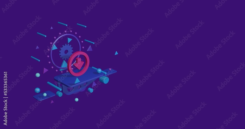 Pink download symbol on a pedestal of abstract geometric shapes floating in the air. Abstract concept art with flying shapes on the left. 3d illustration on deep purple background