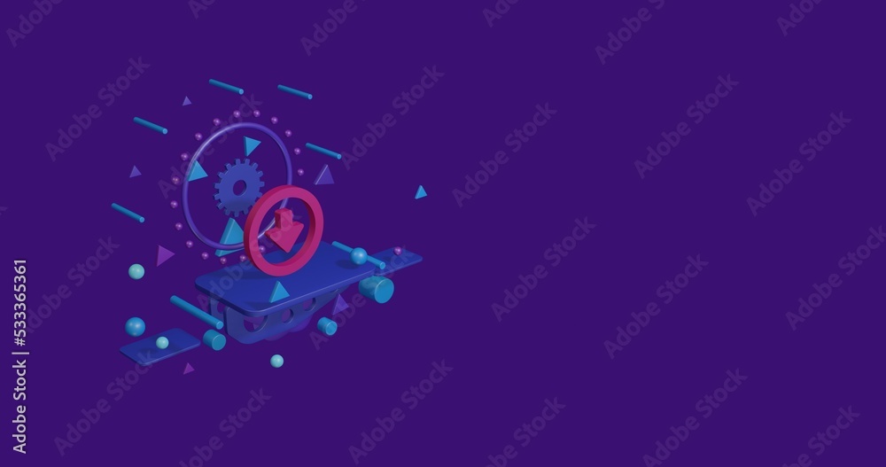 Pink download symbol on a pedestal of abstract geometric shapes floating in the air. Abstract concept art with flying shapes on the left. 3d illustration on deep purple background Pink download symbol on a pedestal of abstract geometric shapes floating in the air. Abstract concept art with flying shapes on the left. 3d illustration on deep purple background