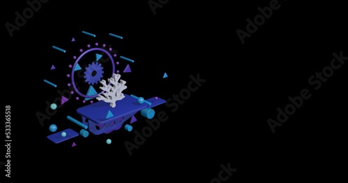 White coral symbol on a pedestal of abstract geometric shapes floating in the air. Abstract concept art with flying shapes on the left. 3d illustration on black background
