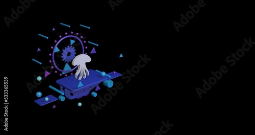 White jellyfish symbol on a pedestal of abstract geometric shapes floating in the air. Abstract concept art with flying shapes on the left. 3d illustration on black background