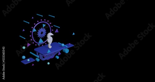 White sea horse symbol on a pedestal of abstract geometric shapes floating in the air. Abstract concept art with flying shapes on the left. 3d illustration on black background
