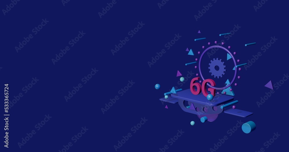 Naklejka premium Pink 6G symbol on a pedestal of abstract geometric shapes floating in the air. Abstract concept art with flying shapes on the right. 3d illustration on indigo background