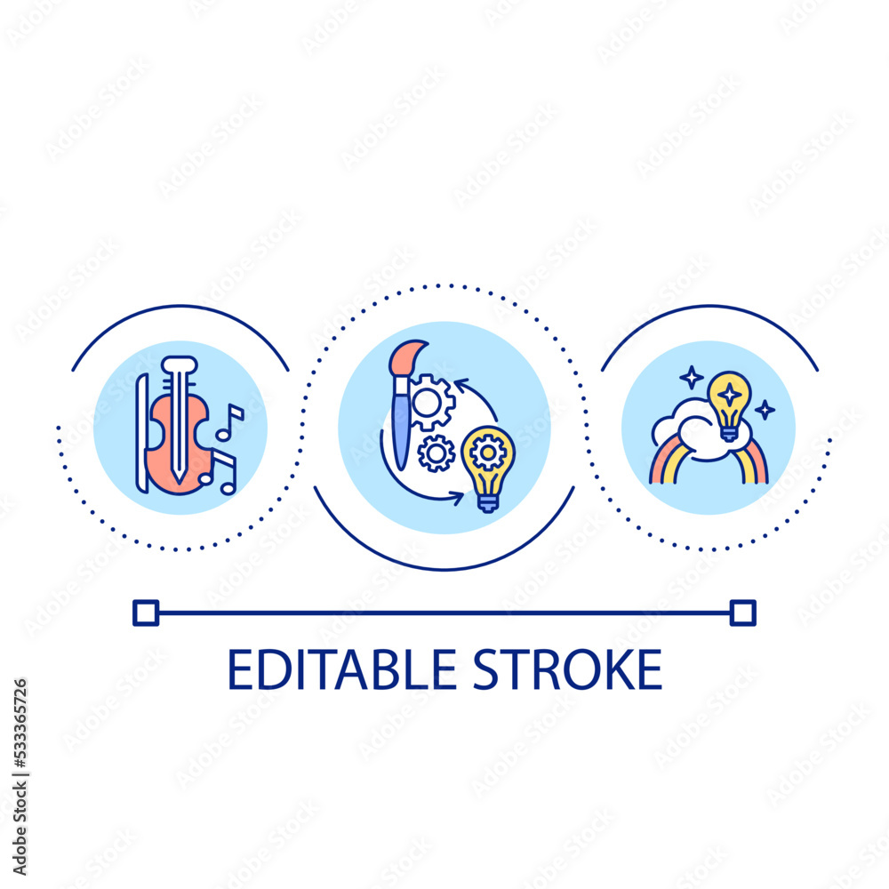 Study creative skills loop concept icon. Playing musical instrument. Study arts. Creativity development abstract idea thin line illustration. Isolated outline drawing. Editable stroke. Arial font used Study creative skills loop concept icon. Playing musical instrument. Study arts. Creativity development abstract idea thin line illustration. Isolated outline drawing. Editable stroke. Arial font used