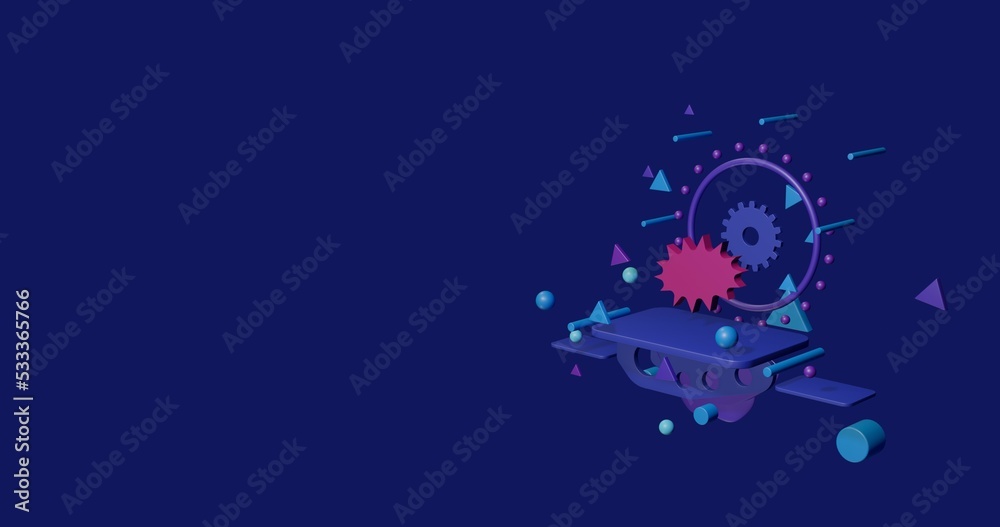 Pink explosion symbol on a pedestal of abstract geometric shapes floating in the air. Abstract concept art with flying shapes on the right. 3d illustration on indigo background Pink explosion symbol on a pedestal of abstract geometric shapes floating in the air. Abstract concept art with flying shapes on the right. 3d illustration on indigo background