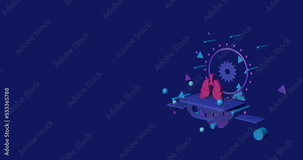 Pink lungs symbol on a pedestal of abstract geometric shapes floating in the air. Abstract concept art with flying shapes on the right. 3d illustration on indigo background