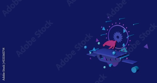 Pink sea turtle symbol on a pedestal of abstract geometric shapes floating in the air. Abstract concept art with flying shapes on the right. 3d illustration on indigo background