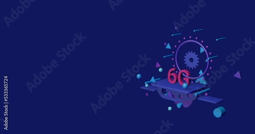 Pink 6G symbol on a pedestal of abstract geometric shapes floating in the air. Abstract concept art with flying shapes on the right. 3d illustration on indigo background © Alexey