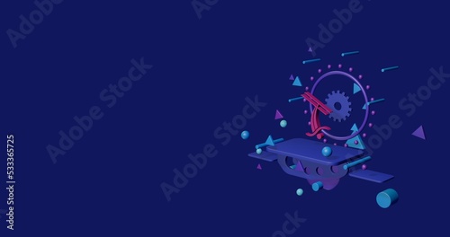Pink freestyle skiing symbol on a pedestal of abstract geometric shapes floating in the air. Abstract concept art with flying shapes on the right. 3d illustration on indigo background