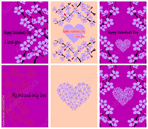 Vector set of cards for valentine's day. Collection with sakura flowers. Romantic collection for your design.