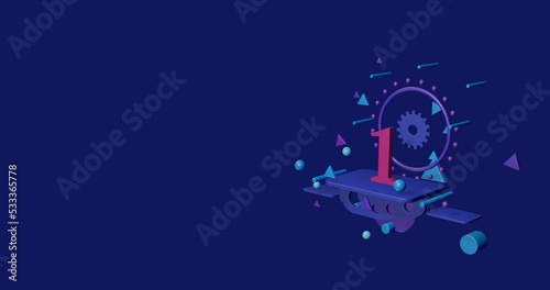 Pink number one symbol on a pedestal of abstract geometric shapes floating in the air. Abstract concept art with flying shapes on the right. 3d illustration on indigo background