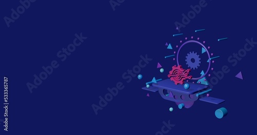 Pink digital tech symbol on a pedestal of abstract geometric shapes floating in the air. Abstract concept art with flying shapes on the right. 3d illustration on indigo background