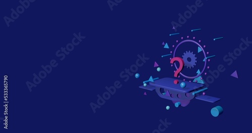Pink question symbol on a pedestal of abstract geometric shapes floating in the air. Abstract concept art with flying shapes on the right. 3d illustration on indigo background