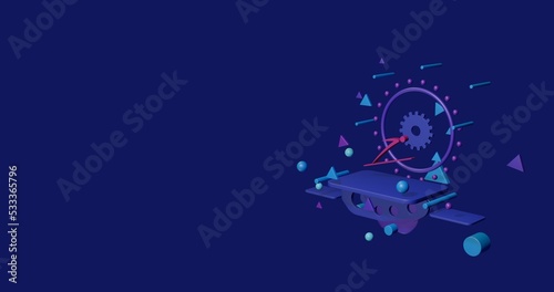 Pink Ski jumping symbol on a pedestal of abstract geometric shapes floating in the air. Abstract concept art with flying shapes on the right. 3d illustration on indigo background