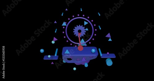 Red gyroscooter on a pedestal of abstract geometric shapes floating in the air. Abstract concept art with flying shapes in the center. 3d illustration on black background