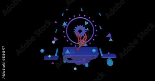 Red wheat symbol on a pedestal of abstract geometric shapes floating in the air. Abstract concept art with flying shapes in the center. 3d illustration on black background