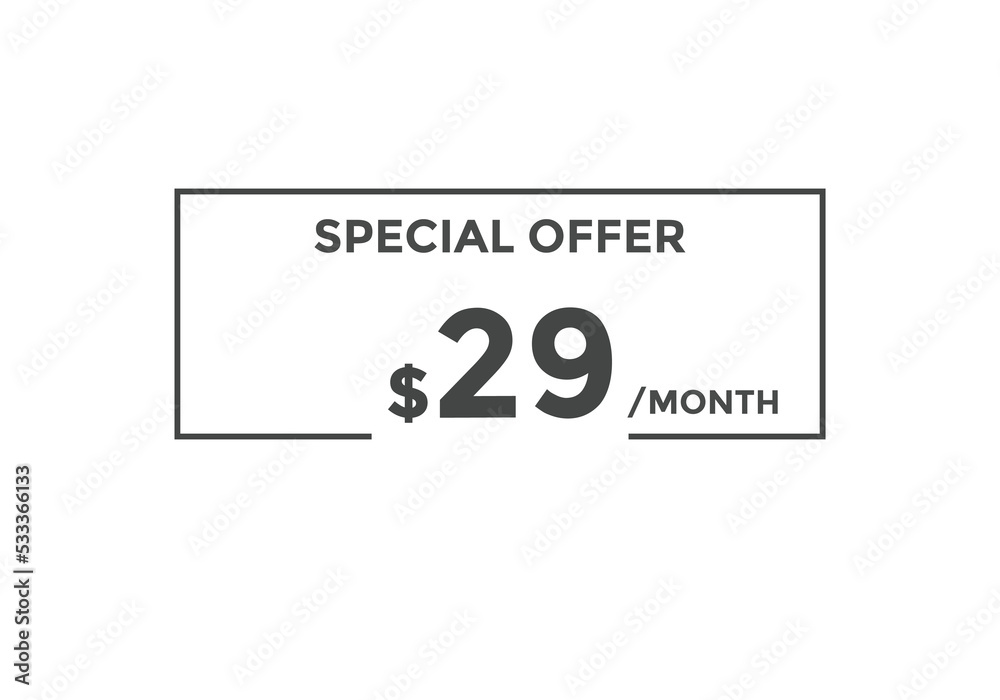 $29 USD Dollar Month sale promotion Banner. Special offer, 29 dollar month price tag, shop now button. Business or shopping promotion marketing concept
