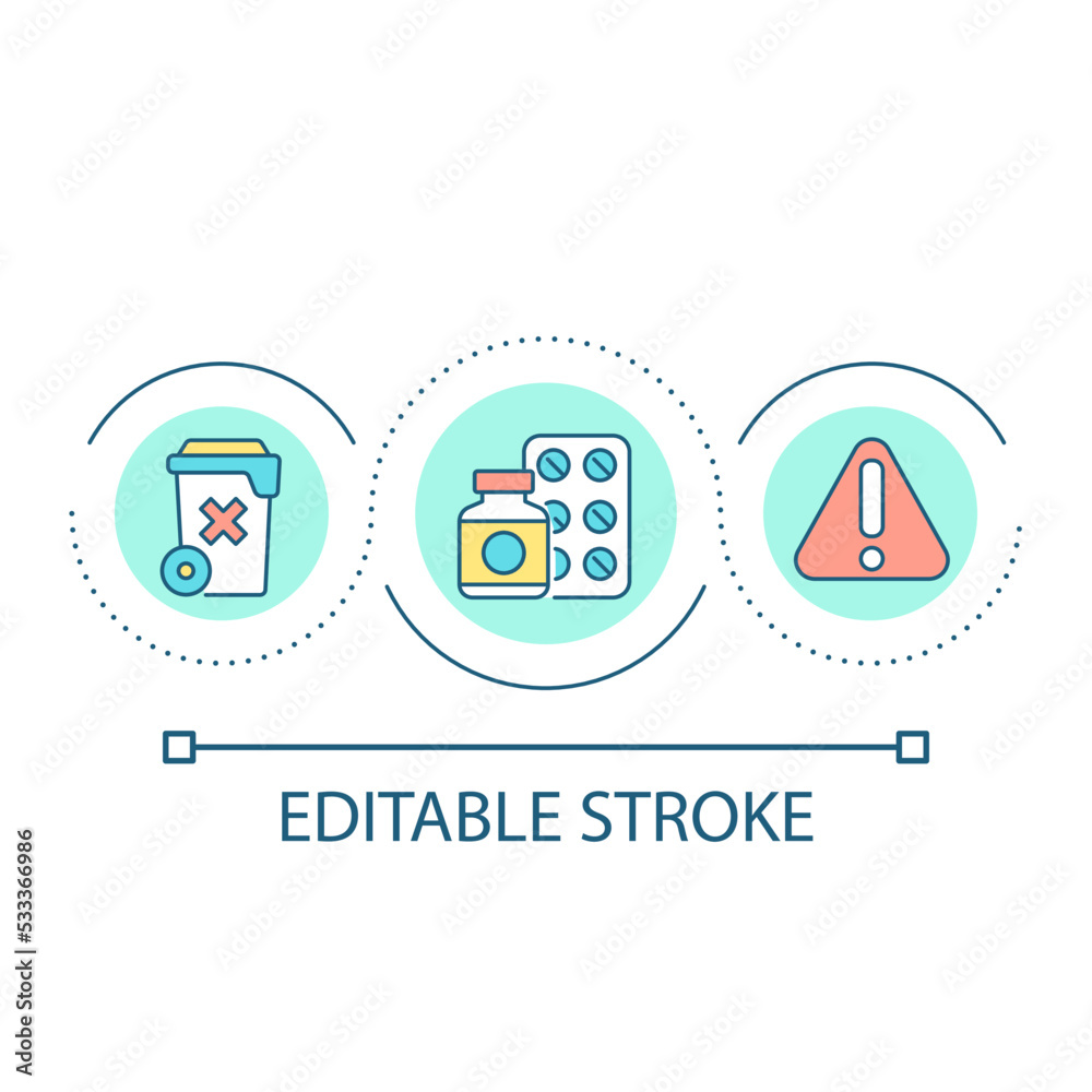 Medical waste disposal loop concept icon. Healthcare trash collection and recycle. Unused medicine abstract idea thin line illustration. Isolated outline drawing. Editable stroke. Arial font used Medical waste disposal loop concept icon. Healthcare trash collection and recycle. Unused medicine abstract idea thin line illustration. Isolated outline drawing. Editable stroke. Arial font used
