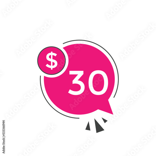 30 dollar price tag. 30$ dollar USD price symbol. price 30 Dollar sale banner in USD. Business or shopping promotion marketing concept 