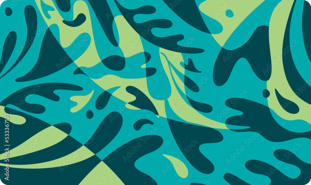 illustration algue marine pour décoration, papier peint, tissu, pattern, background, motif, packaging. Motif marin, vert, bleu. Mouvement mer, reflet, aquatique. Décor de stand, couverture de livre