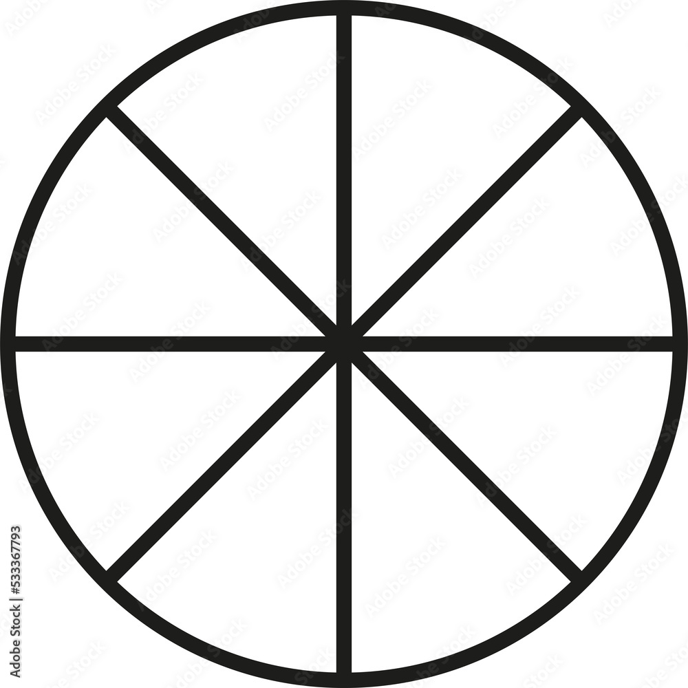 Pie chart, diagram. Black outlined circle divided in eight parts, into eighths. Isolated png illustration, transparent background. Asset for overlay, montage, collage, presentation. Business concept. Pie chart, diagram. Black outlined circle divided in eight parts, into eighths. Isolated png illustration, transparent background. Asset for overlay, montage, collage, presentation. Business concept.