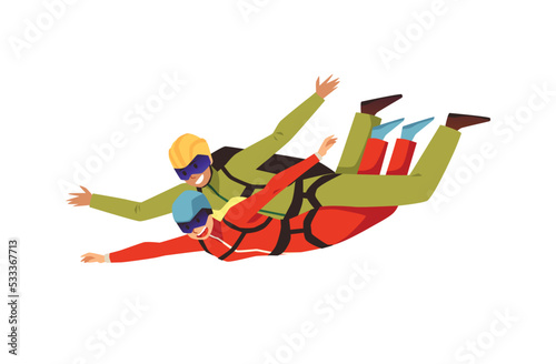 Young couple doing skydiving trick, flat cartoon vector illustration isolated.
