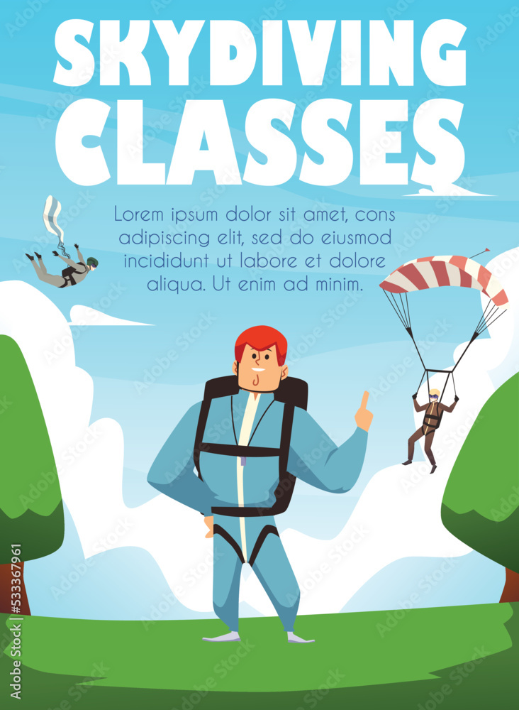 Skydiving classes banner or poster layout design flat vector illustration. - obrazy, fototapety, plakaty 