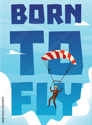Skydiving and parachute sport activity advertising banner or card, flat vector.