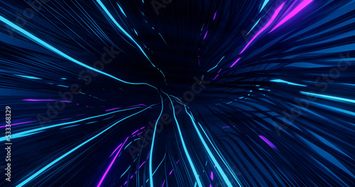 Neon abstract energy move through wires. Bright glow pink, blue current, electricity, data traffic moving through dynamic streaks. 3d animation. Sci-fi digital video electric motion in dark background