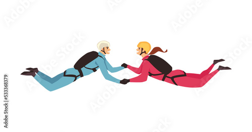 Young couple doing skydiving jump with parachute vector illustration isolated.