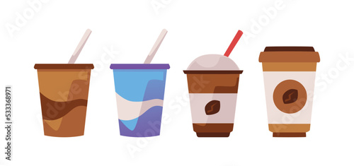 Set of plastic and paper cups with straw, flat vector illustration isolated on white background.