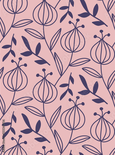 Abstract Hand Drawing Doodle Retro Flowers and Leaves Seamless Vector Pattern Isolated Background