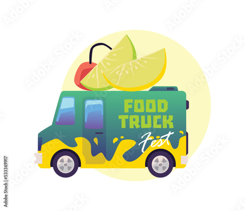 Food truck vehicle sells fresh juice, smoothie and beverage - flat vector illustration isolated on white background.