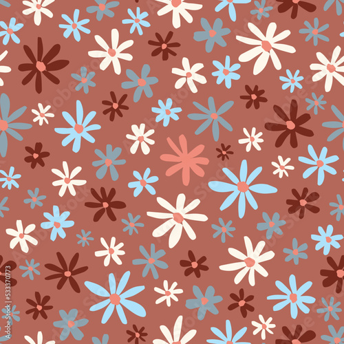 Retro cute ditsy daisy seamless repeat pattern. Random placed, vector ethno flower heads all over surface print on brown background.